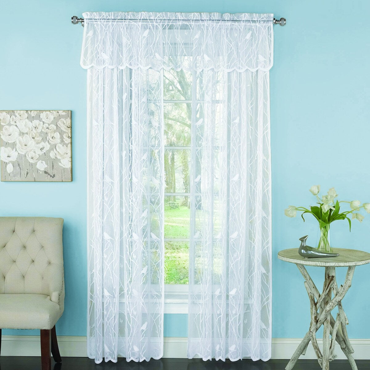 Songbird Lace Curtain Panel with Scalloped Hem