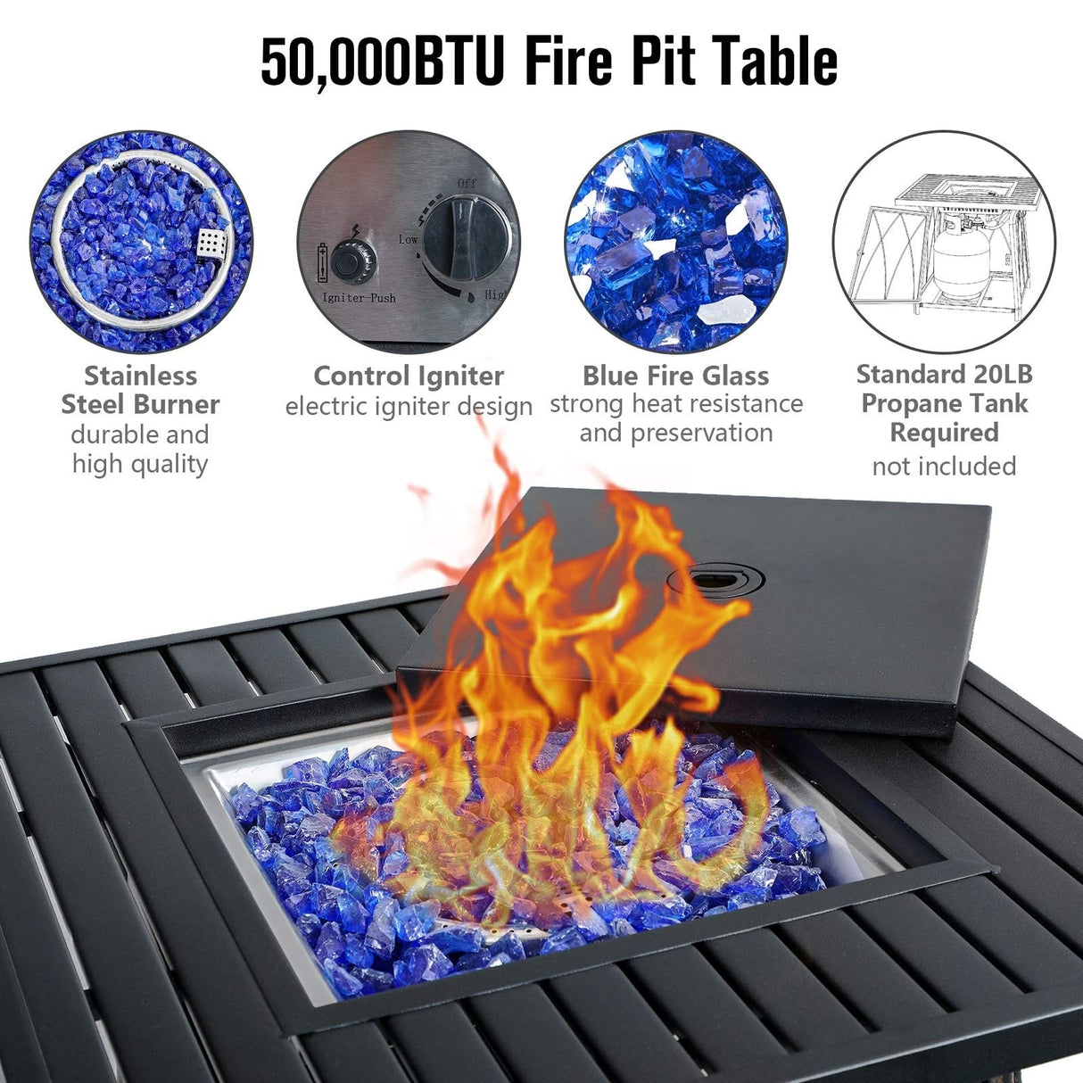 MAISON ARTS Gas Fire Pit Table Outdoor Dining Set 5-Piece Rattan Swivel Chairs With Cushion& Wood-look Square Gas Fire Pit Table