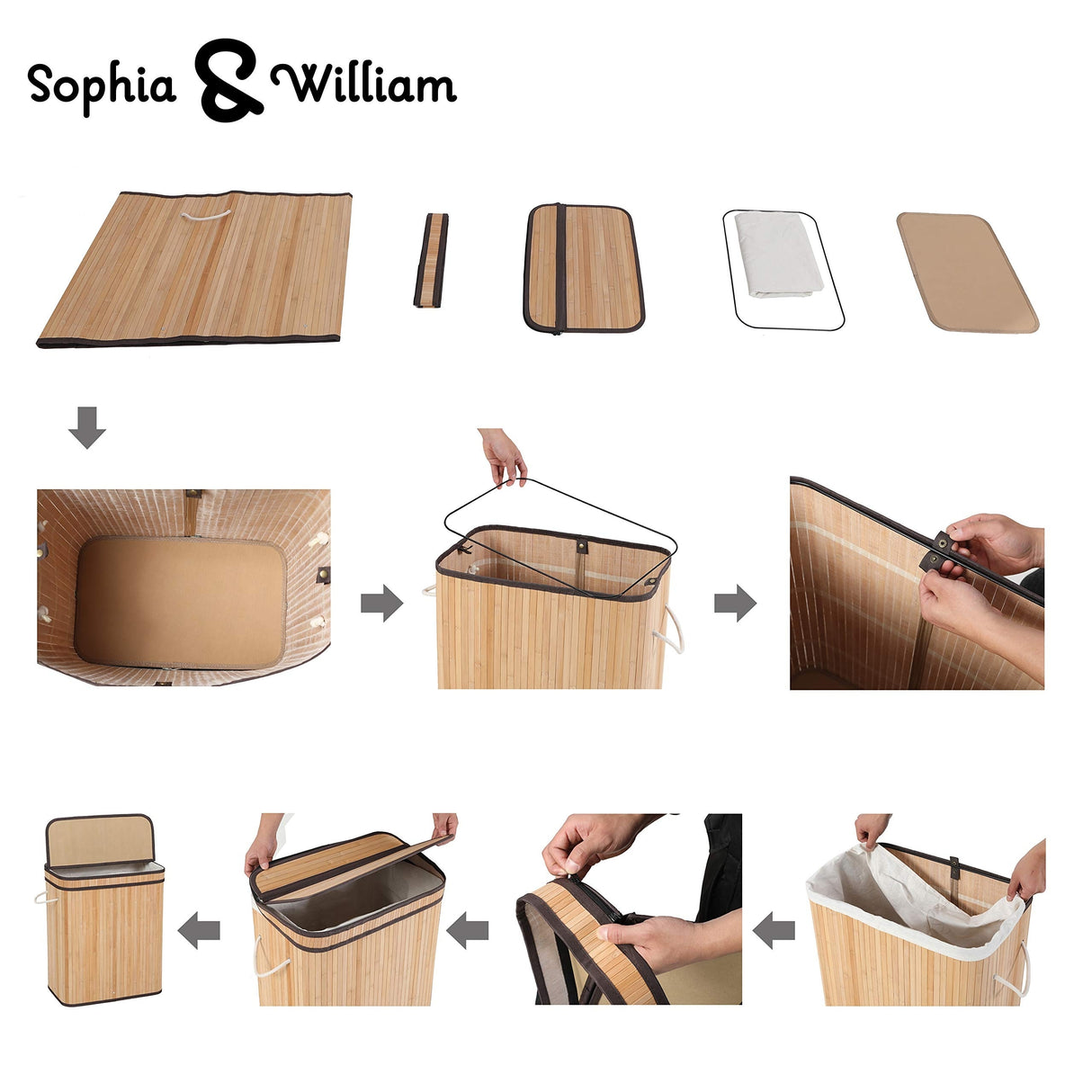 Sophia & William Laundry Hamper 72L Dirty Clothes Bamboo Storage Basket with Lid Liner and Handles Rectangular