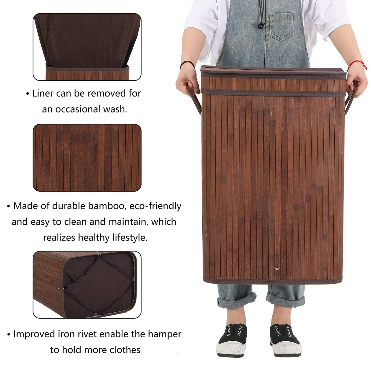 Sophia & William Laundry Hamper 72L Dirty Clothes Bamboo Storage Basket with Lid Liner and Handles Rectangular