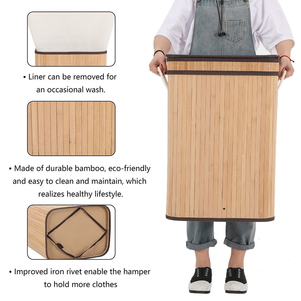 Sophia & William Laundry Hamper 72L Dirty Clothes Bamboo Storage Basket with Lid Liner and Handles Rectangular