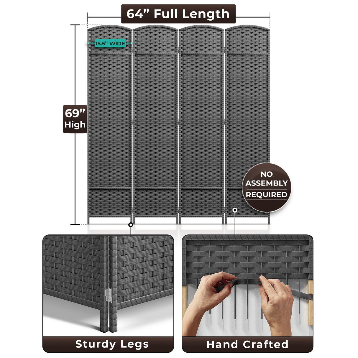 Sorbus 4 Panel Room Divider Tall Privacy Partition Screen Extra Wide Double Hinged Mesh Hand-Woven Folding Wall Divider - 6ft