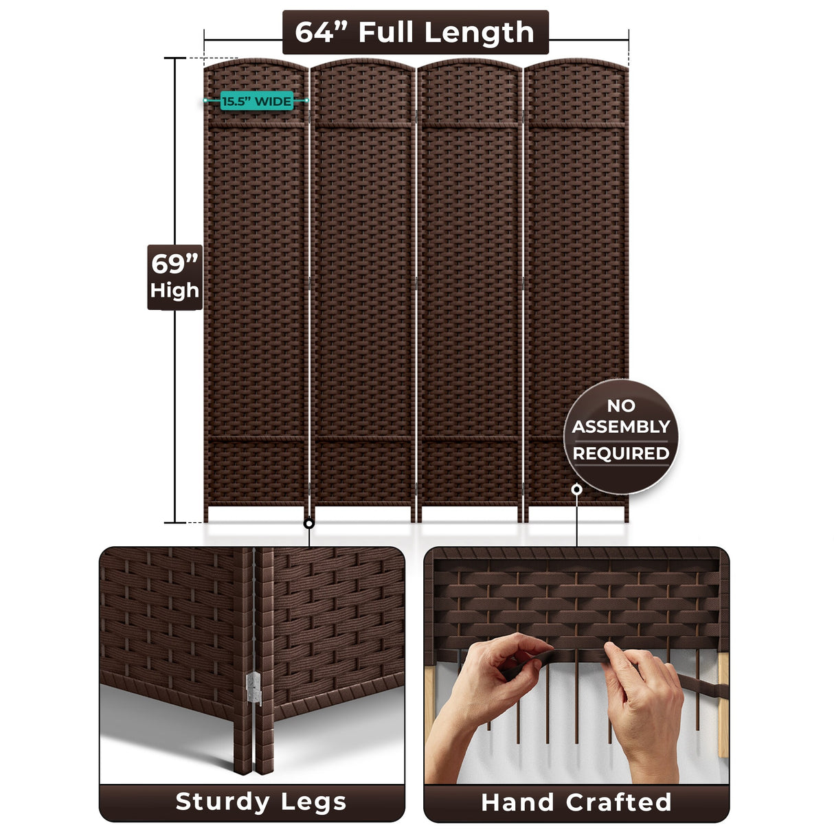 Sorbus 4 Panel Room Divider Tall Privacy Partition Screen Extra Wide Double Hinged Mesh Hand-Woven Folding Wall Divider - 6ft