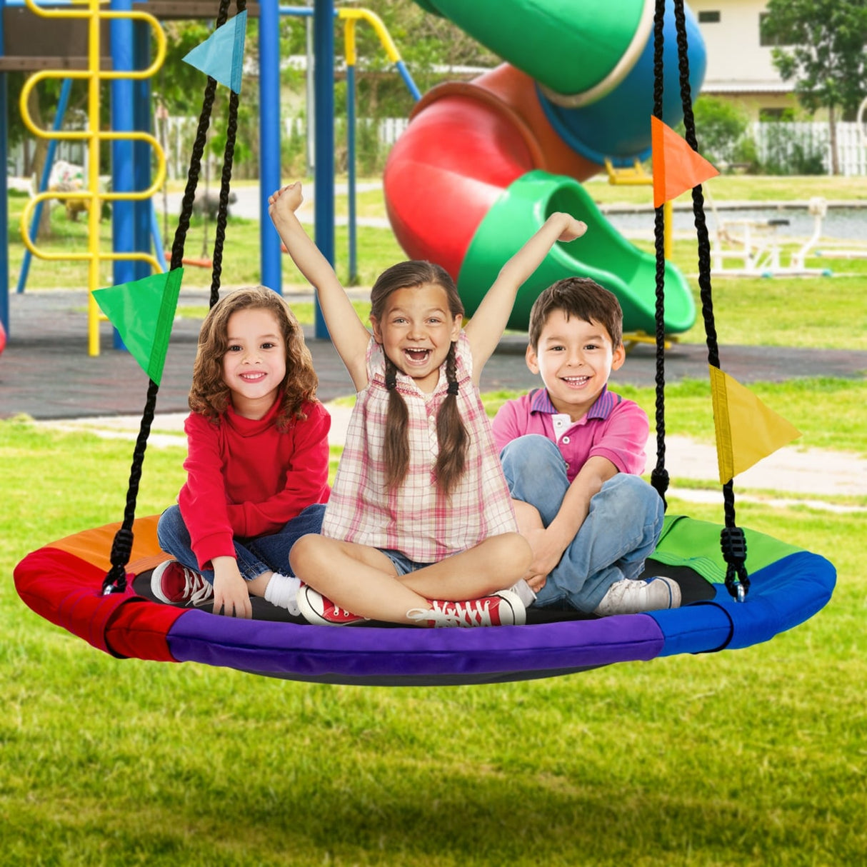 Saucer Tree Swing in Multi-Color Rainbow – Kids Indoor/Outdoor Round Mat Swing – Accessories Included (Round – 24”)