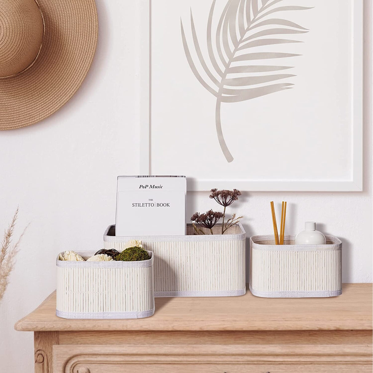 Sorbus Bamboo Storage Baskets, Organizer Bins - Fluted Design, 3-Pk