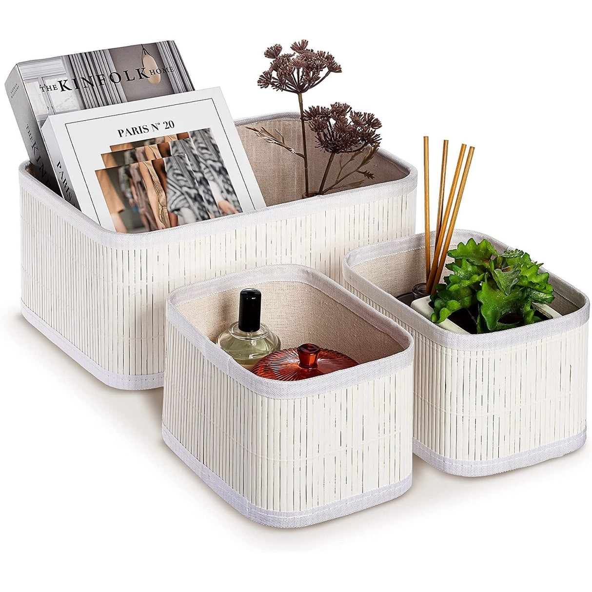 Sorbus Bamboo Storage Baskets, Organizer Bins - Fluted Design, 3-Pk