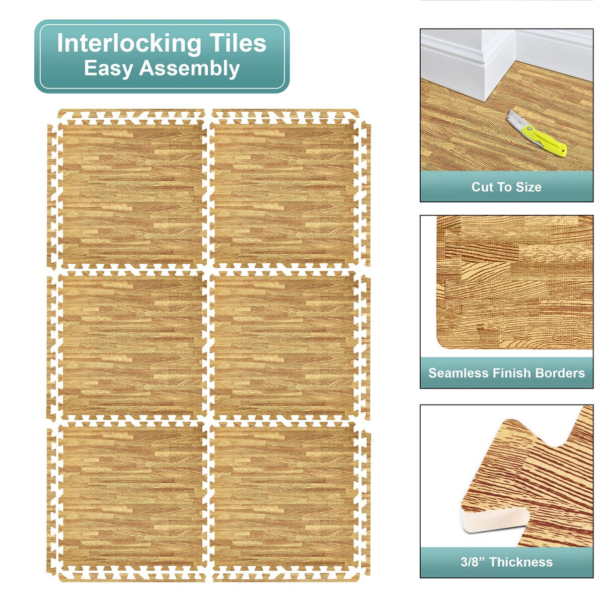 Sorbus Wood grain floor foam mat for home and office - Set of 24