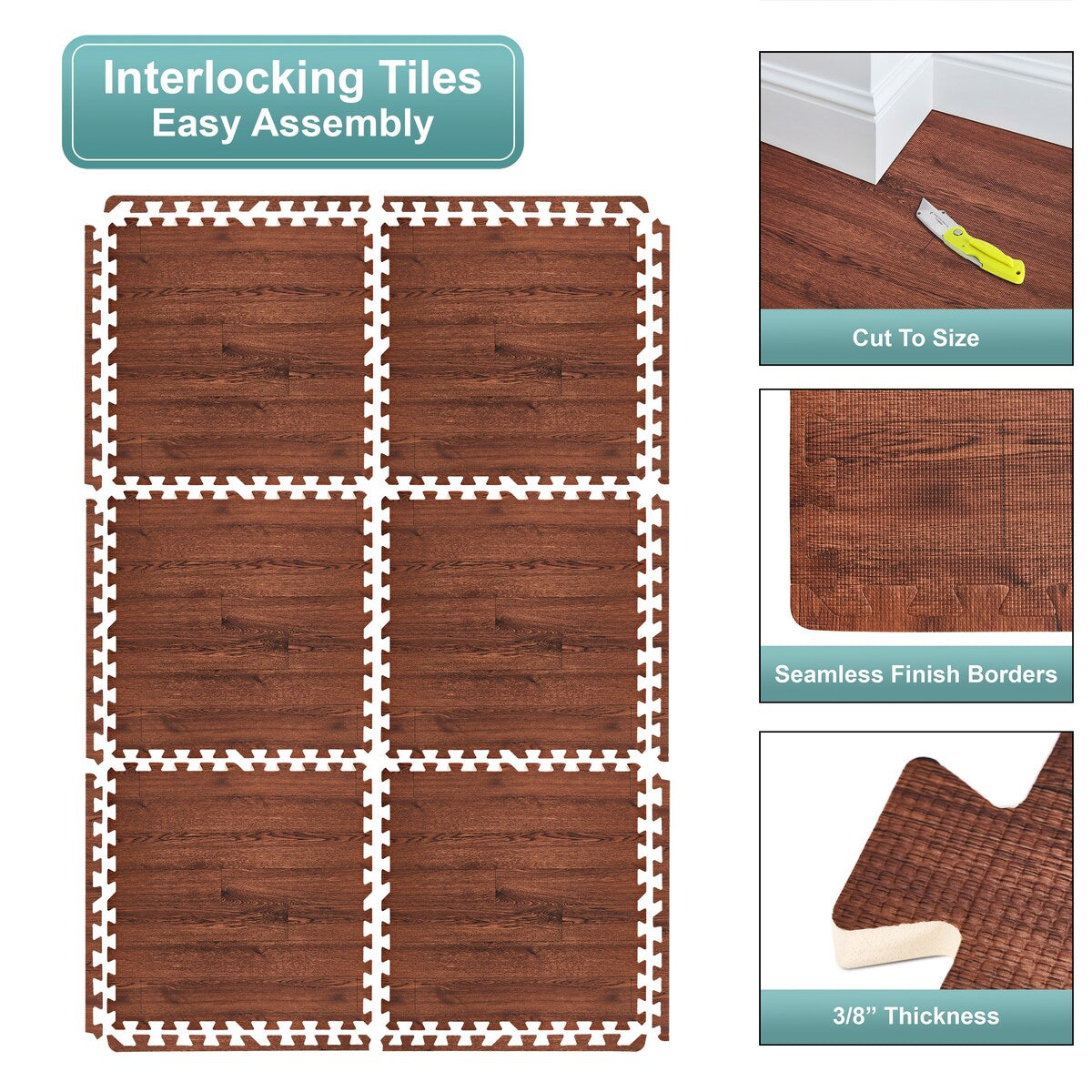 Sorbus Wood grain floor foam mat for home and office - Set of 24