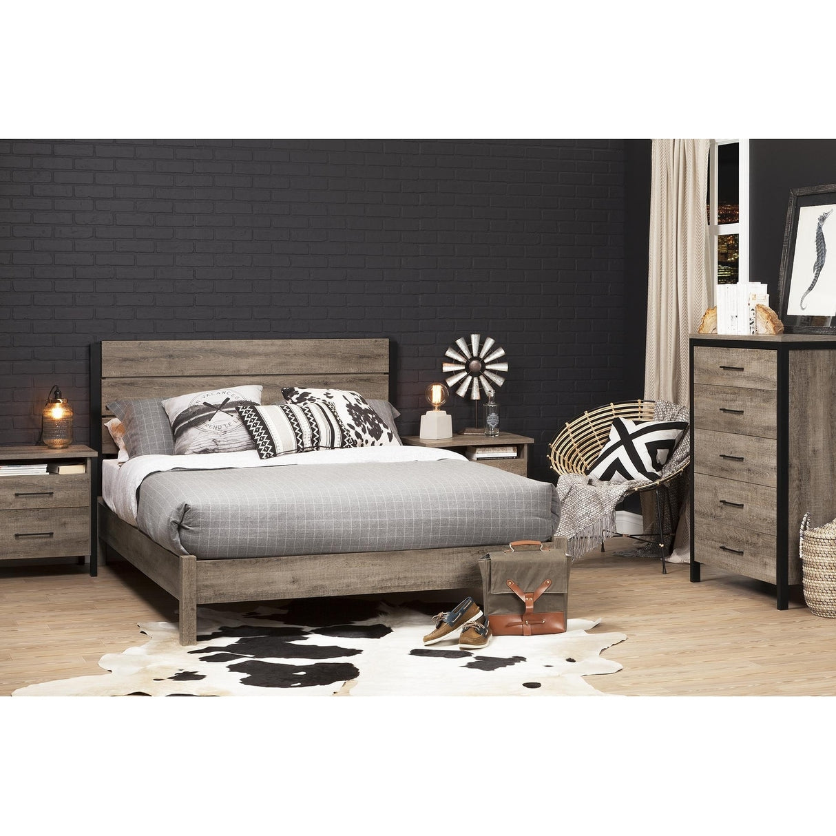 South Shore Munich Full Size Bed Set, Weathered Oak and Matte Black