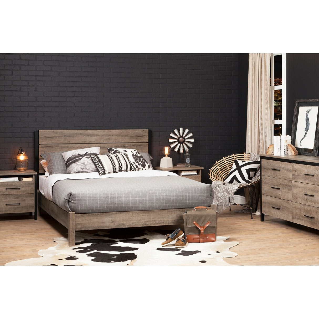 South Shore Munich Full Size Bed Set, Weathered Oak and Matte Black