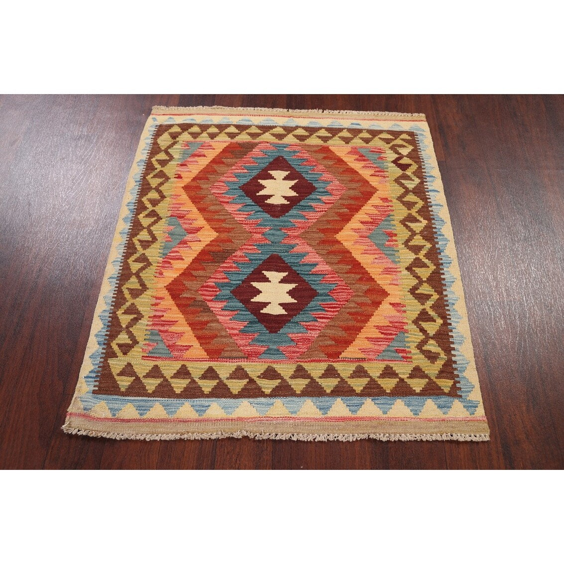 South-Western Reversible Oriental Kilim Area Rug Hand-Woven Carpet - 3'2" x 3'5" Square