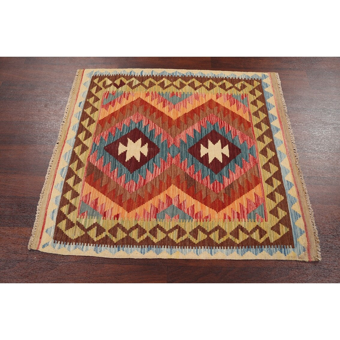 South-Western Reversible Oriental Kilim Area Rug Hand-Woven Carpet - 3'2" x 3'5" Square