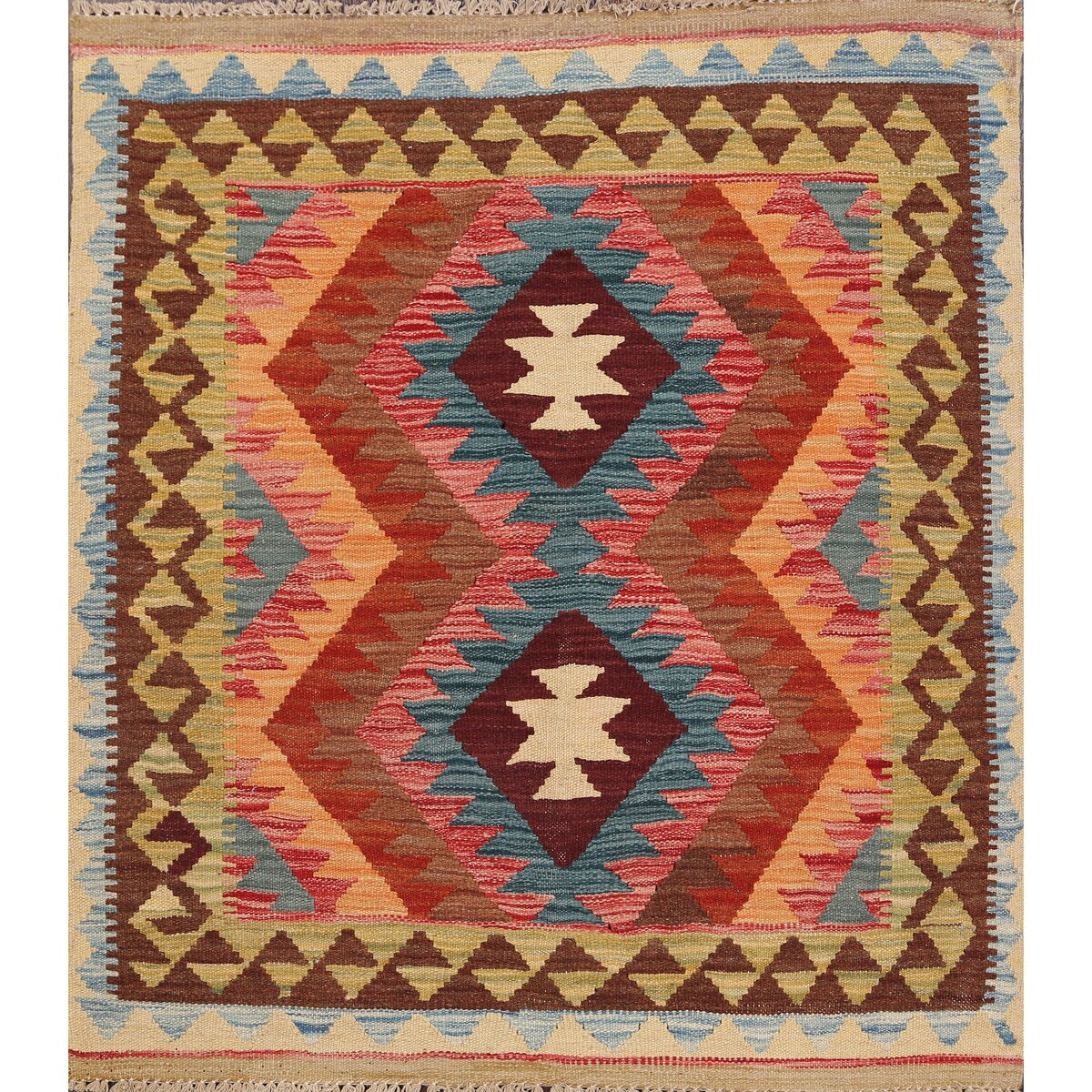 South-Western Reversible Oriental Kilim Area Rug Hand-Woven Carpet - 3'2" x 3'5" Square