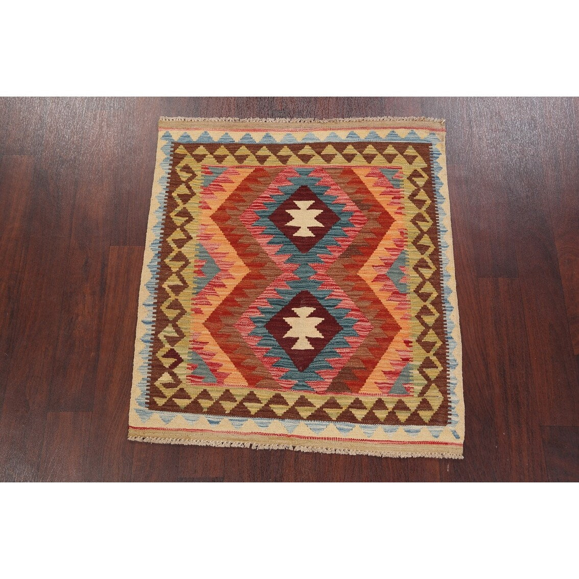South-Western Reversible Oriental Kilim Area Rug Hand-Woven Carpet - 3'2" x 3'5" Square