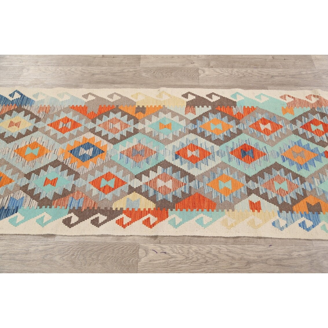 South-western Geometric Kilim Oriental Runner Rug Wool Flat-weave - 2'8" x 9'10"