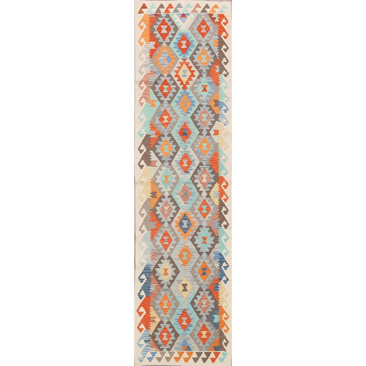 South-western Geometric Kilim Oriental Runner Rug Wool Flat-weave - 2'8" x 9'10"