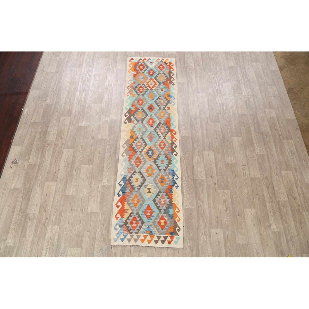 South-western Geometric Kilim Oriental Runner Rug Wool Flat-weave - 2'8" x 9'10"