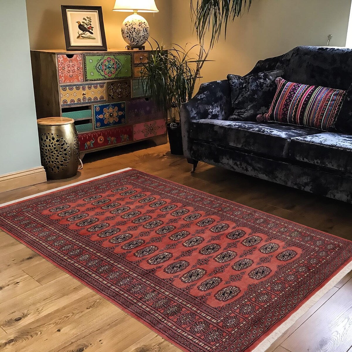 Southwestern Bokhara Desirae Pink Green Hand Knotted Rug - 4'0'' x 5'11''