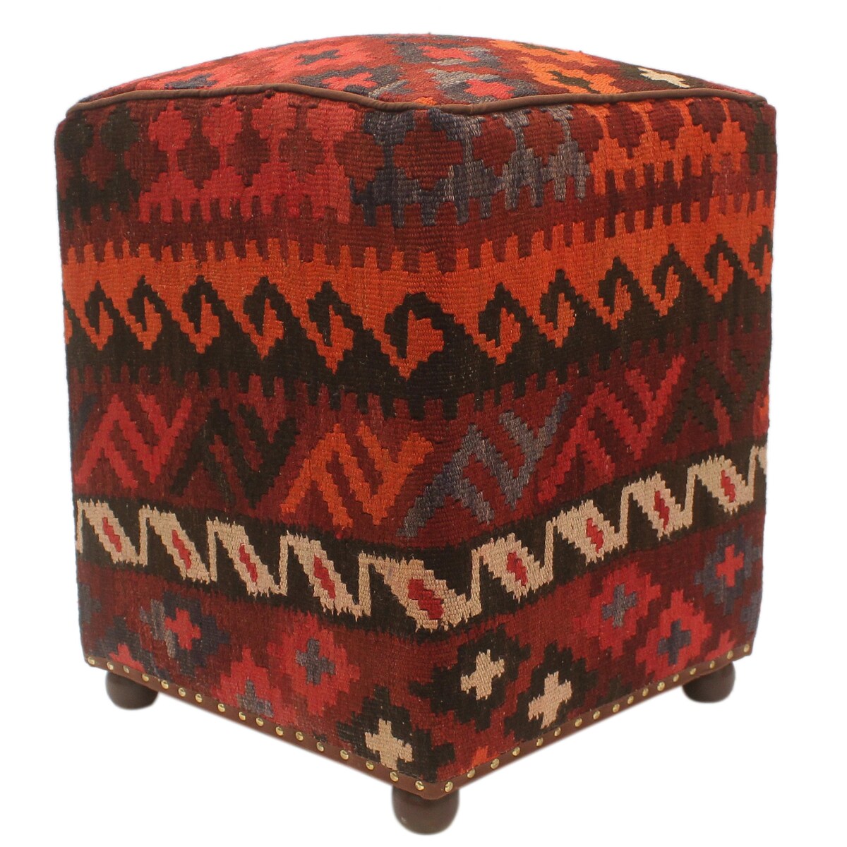 Southwestern Parkinso Burgundy/Blue Handmade Kilim Upholstered Ottoman