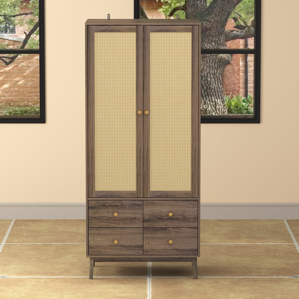 Space Saving Armoire Closet Wardrobe Rattan Finish Stylish Design