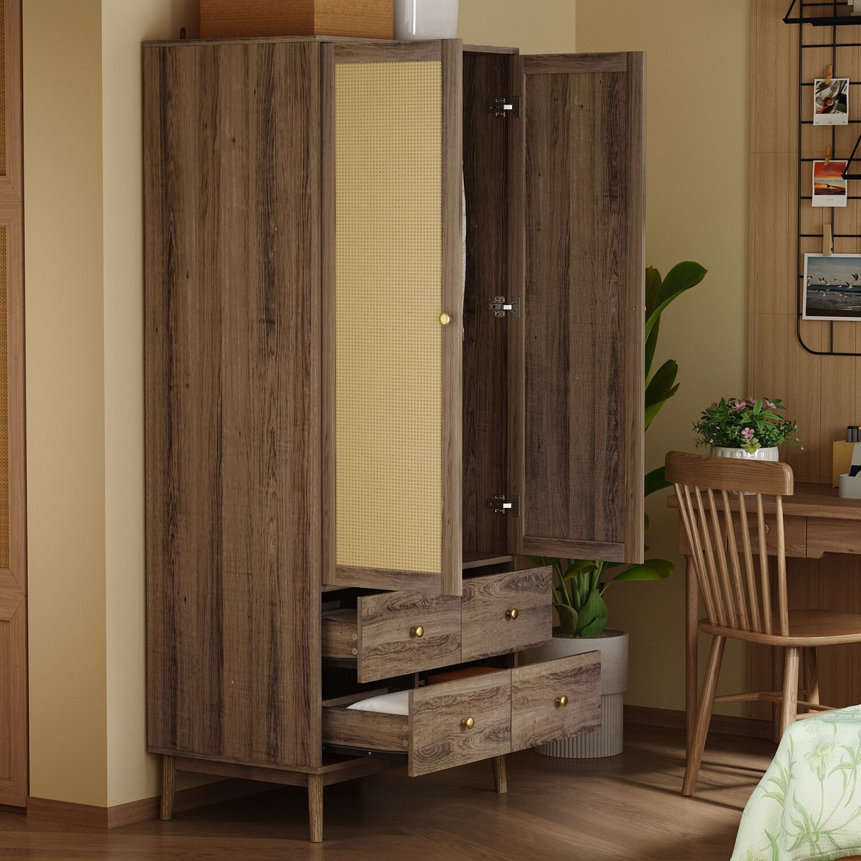 Space Saving Armoire Closet Wardrobe Rattan Finish Stylish Design