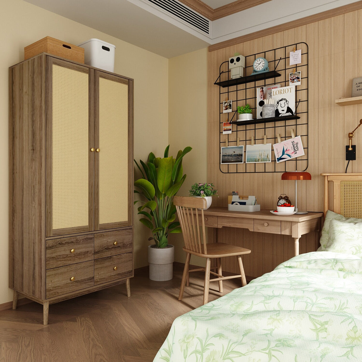 Space Saving Armoire Closet Wardrobe Rattan Finish Stylish Design