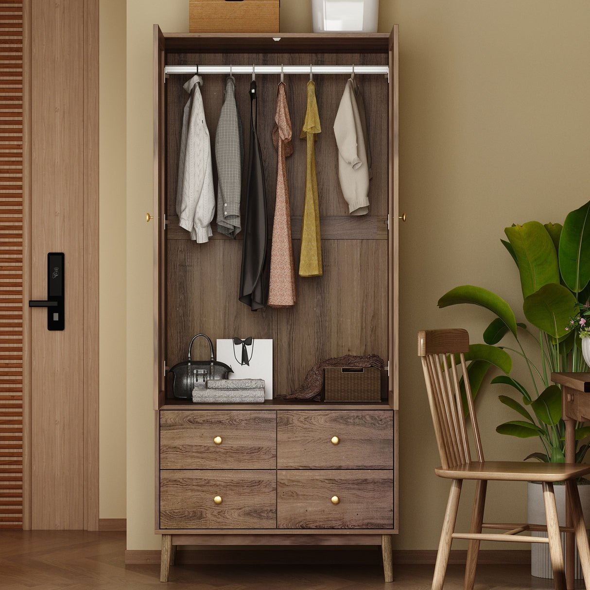 Space Saving Armoire Closet Wardrobe Rattan Finish Stylish Design