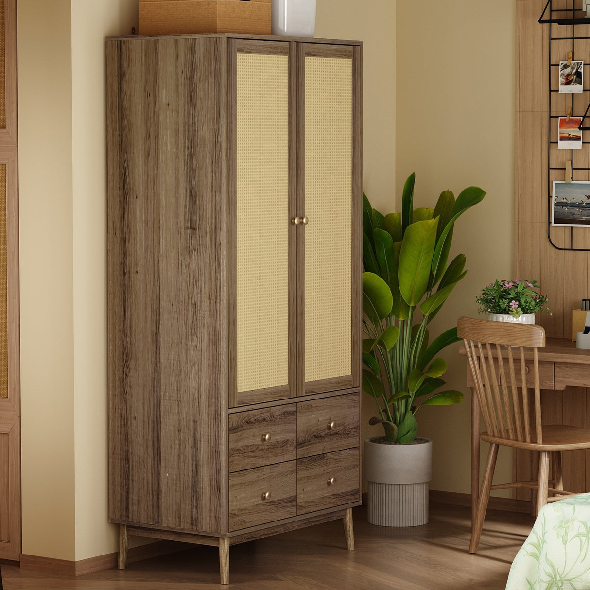 Space Saving Armoire Closet Wardrobe Rattan Finish Stylish Design