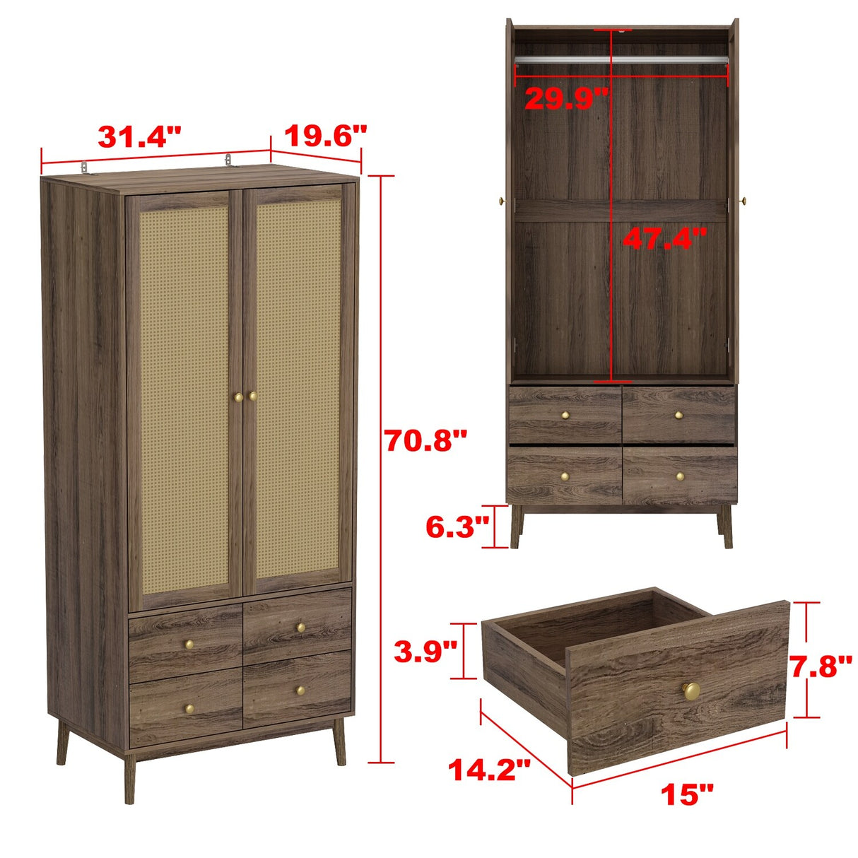 Space Saving Armoire Closet Wardrobe Rattan Finish Stylish Design