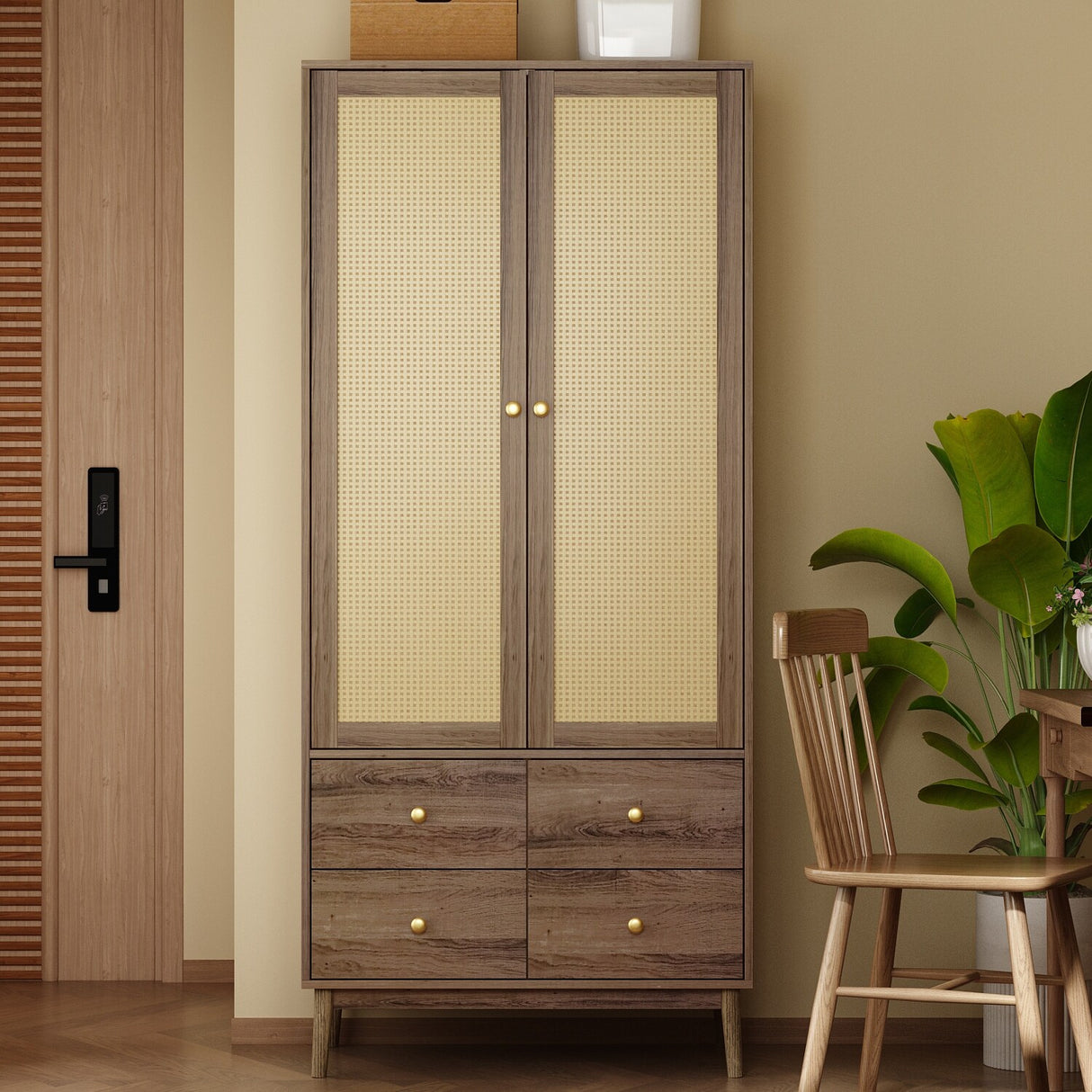 Space Saving Armoire Closet Wardrobe Rattan Finish Stylish Design