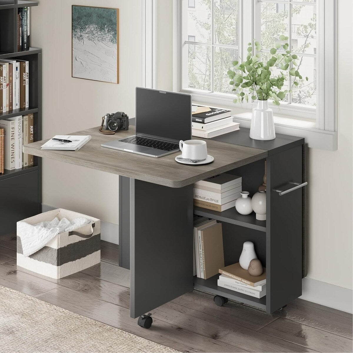 Space Saving Folding Dining Table with 2 Tier Storage Extendable Drop Overstock