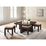 Space Saving Indoor Modern Brown and Beige 5-pc Coffee Table Set, Four Upholstered Stools with Storage