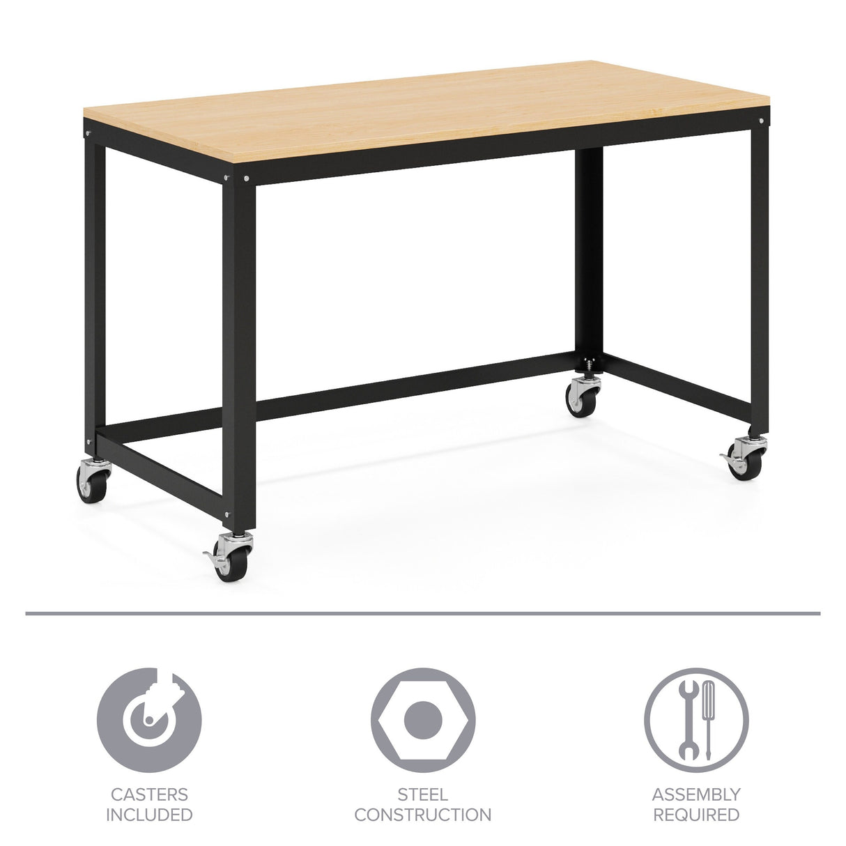 Space Solutions 48" W Mobile Metal Desk with Laminate Top, Black/Maple