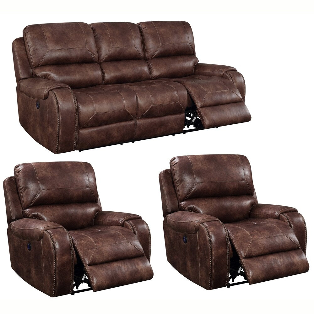 Spencer Buckskin Brown Power Reclining Sofa and Two Recliner Chairs with Nailhead Trim Set
