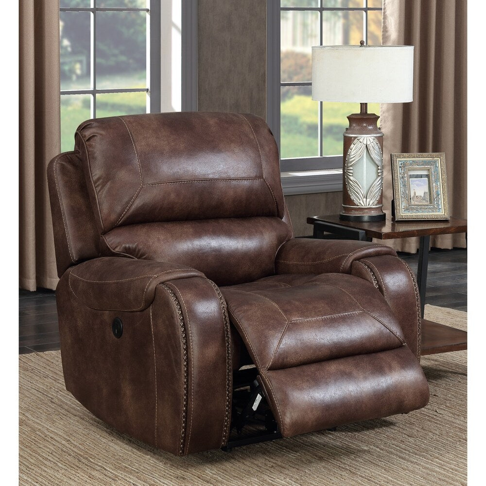 Spencer Buckskin Brown Power Reclining Sofa and Two Recliner Chairs with Nailhead Trim Set