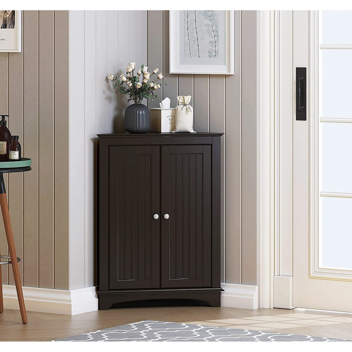 Spirich Home Floor Corner Cabinet with Two Doors and Shelves, Free-Standing Corner Storage Cabinets,White