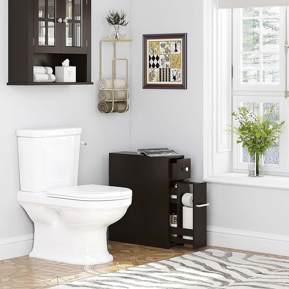 Spirich Home Slim Bathroom Storage Cabinet, Free Standing Toilet Paper Holder, Bathroom Cabinet Slide Out Drawer Storage