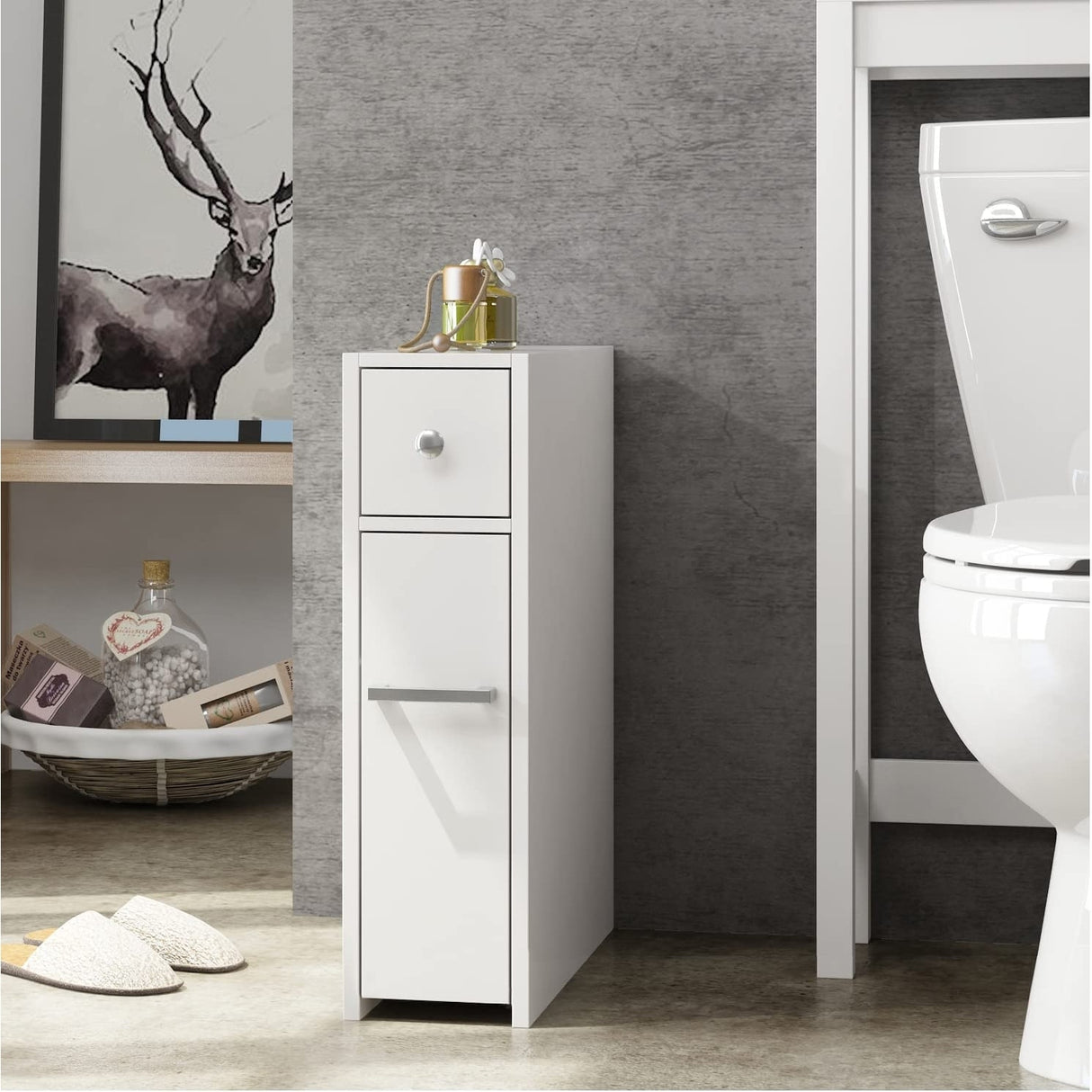 Spirich Home Slim Bathroom Storage Cabinet, Free Standing Toilet Paper Holder, Bathroom Cabinet Slide Out Drawer Storage