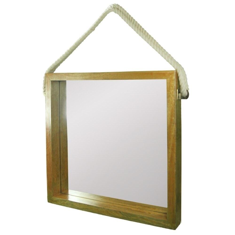 Splendidly Cowboy Styled Wooden Mirror Square With Hanger, Natural Brown