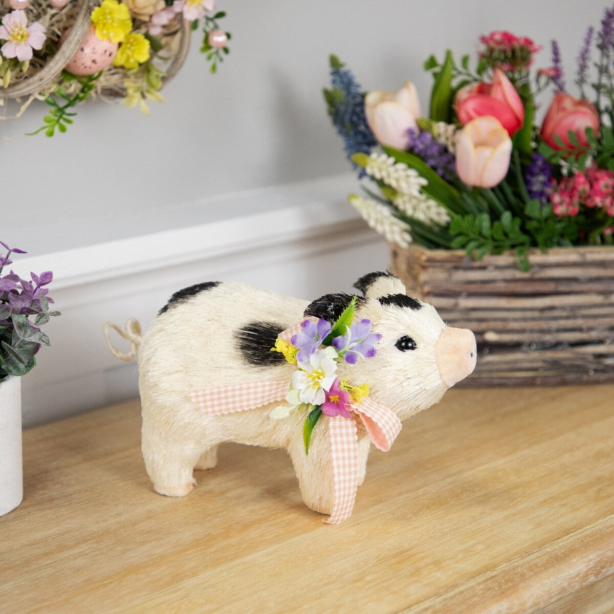 Spotted Piglet with Bow and Flowers Spring Figurine - 9"