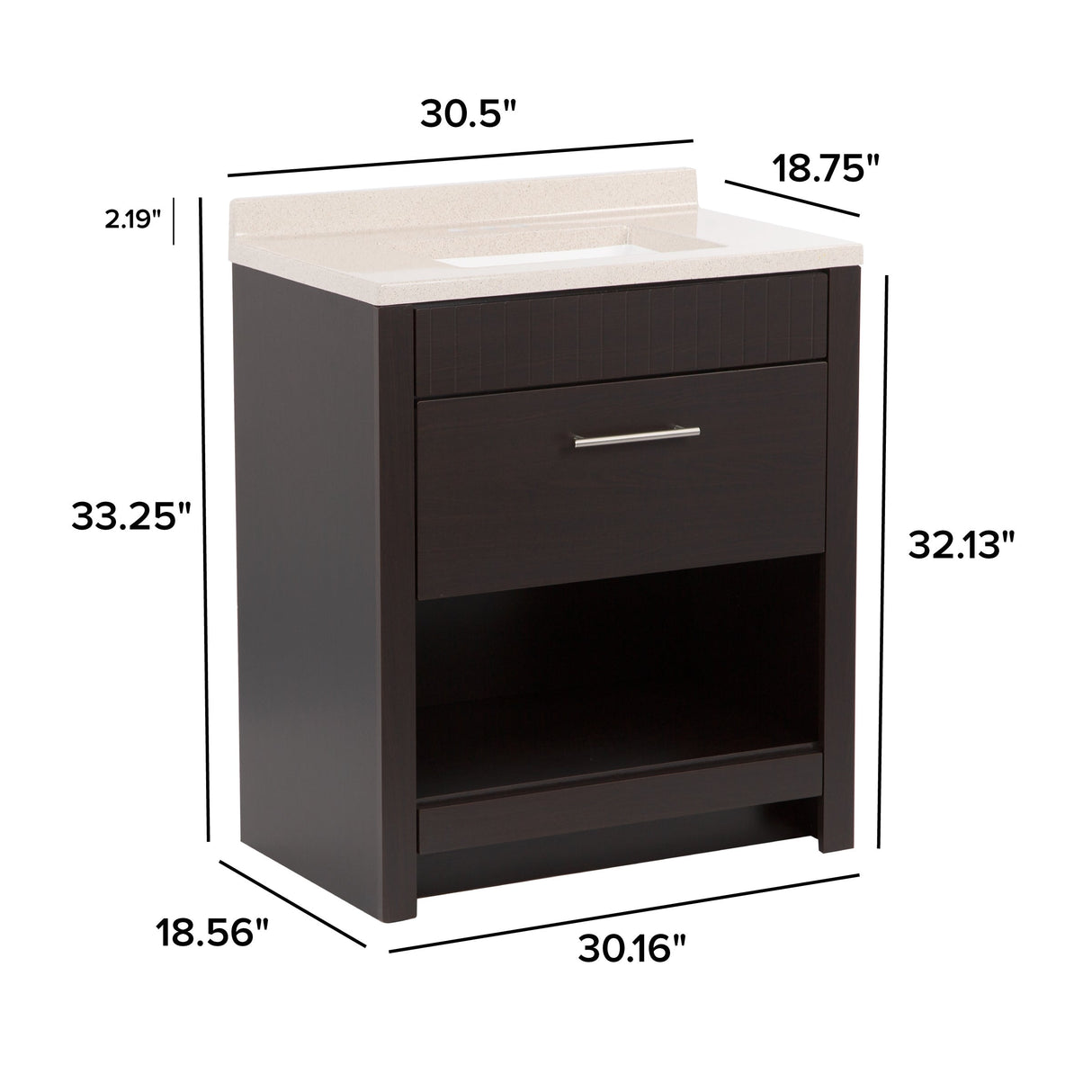 Brooksley Ebony Oak Bathroom Vanity With Drawer, Open Shelf, and Sink Top