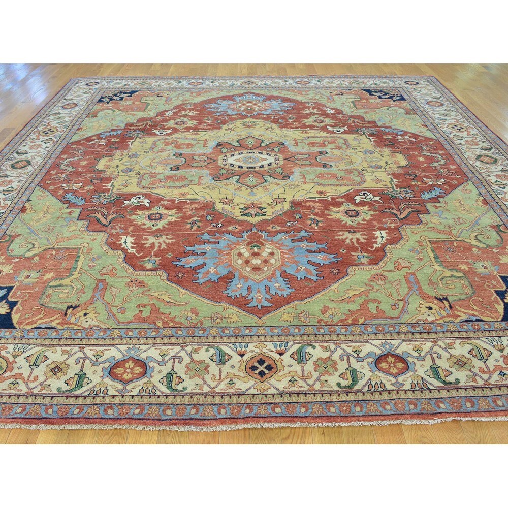 Square Antiqued Heriz Recreation Hand Knotted Rug