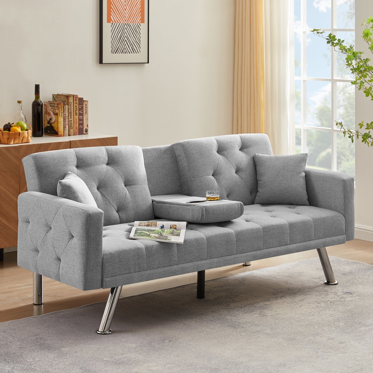 Square Arm Armrests Linen Convertible Sofa and Bed