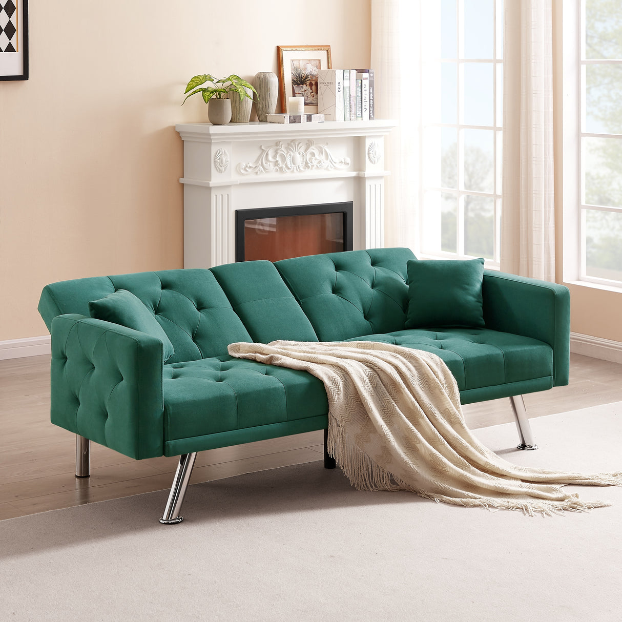 Square Arm Armrests Linen Convertible Sofa and Bed