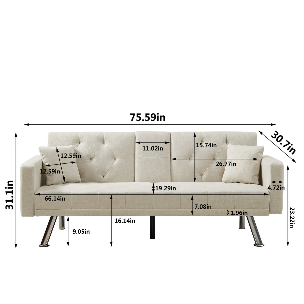 Square Arm Armrests Linen Convertible Sofa and Bed