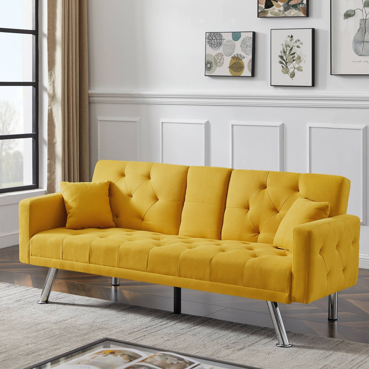 Square Arm Armrests Linen Convertible Sofa and Bed