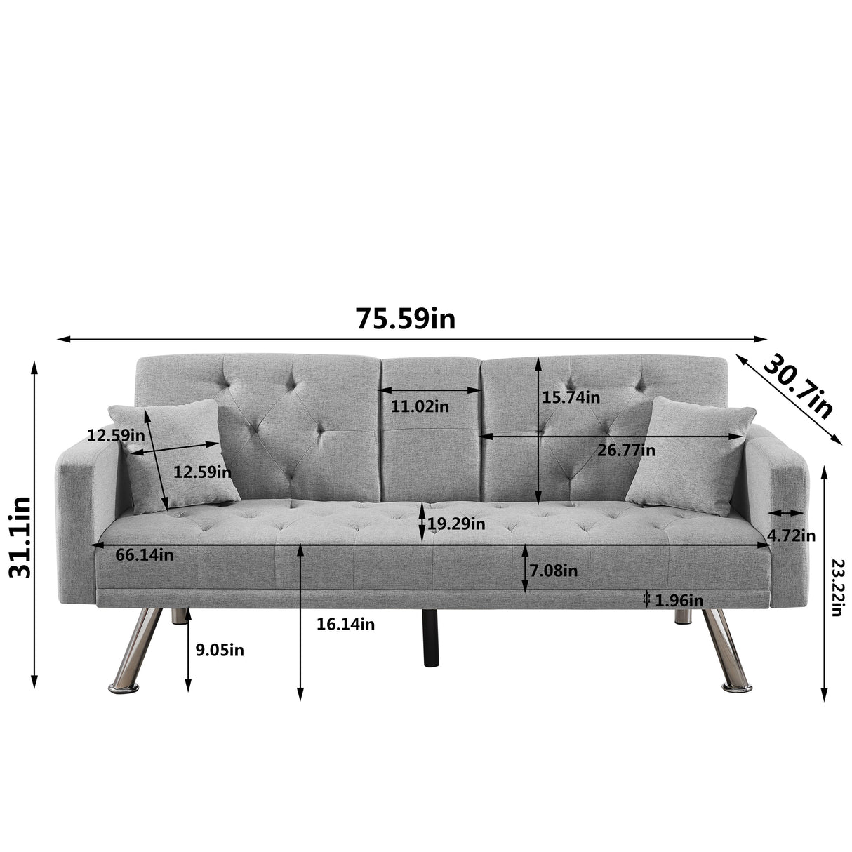Square Arm Armrests Linen Convertible Sofa and Bed