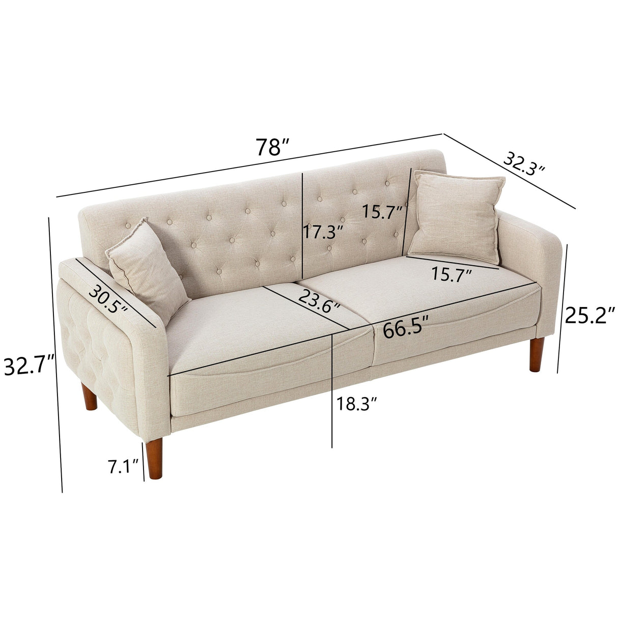 Square Arm Mid-Century Modern Tufted Sofa with Pillows