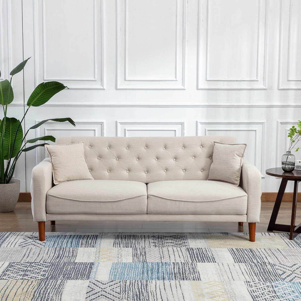 Square Arm Mid-Century Modern Tufted Sofa with Pillows