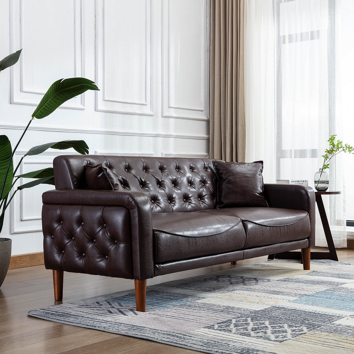 Square Arm Mid-Century Modern Tufted Sofa with Pillows